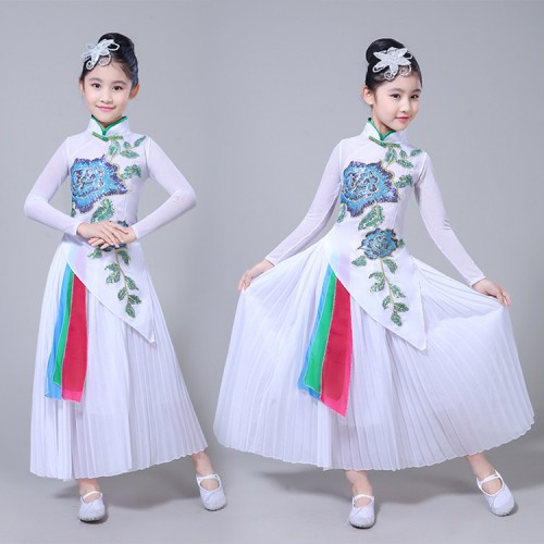 Girls Chinese traditional folk dance dress white color children Fairy ancient film drama photos performance costumes 